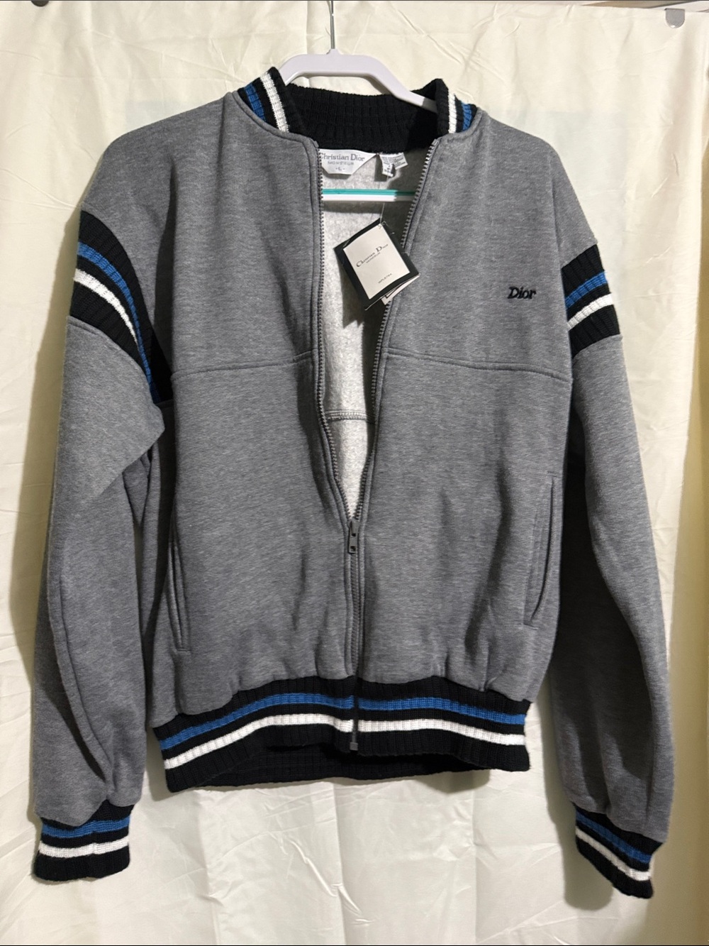 Vintage Dior Gray Tracksuit Jacket with Blue, Black & White Stripe Accents